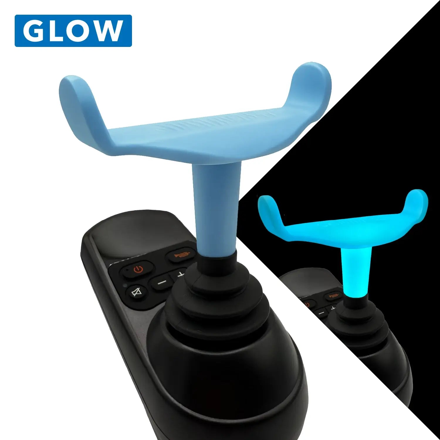 Black joystick with blue handles on a white background, featuring the brand 'GLOW'.