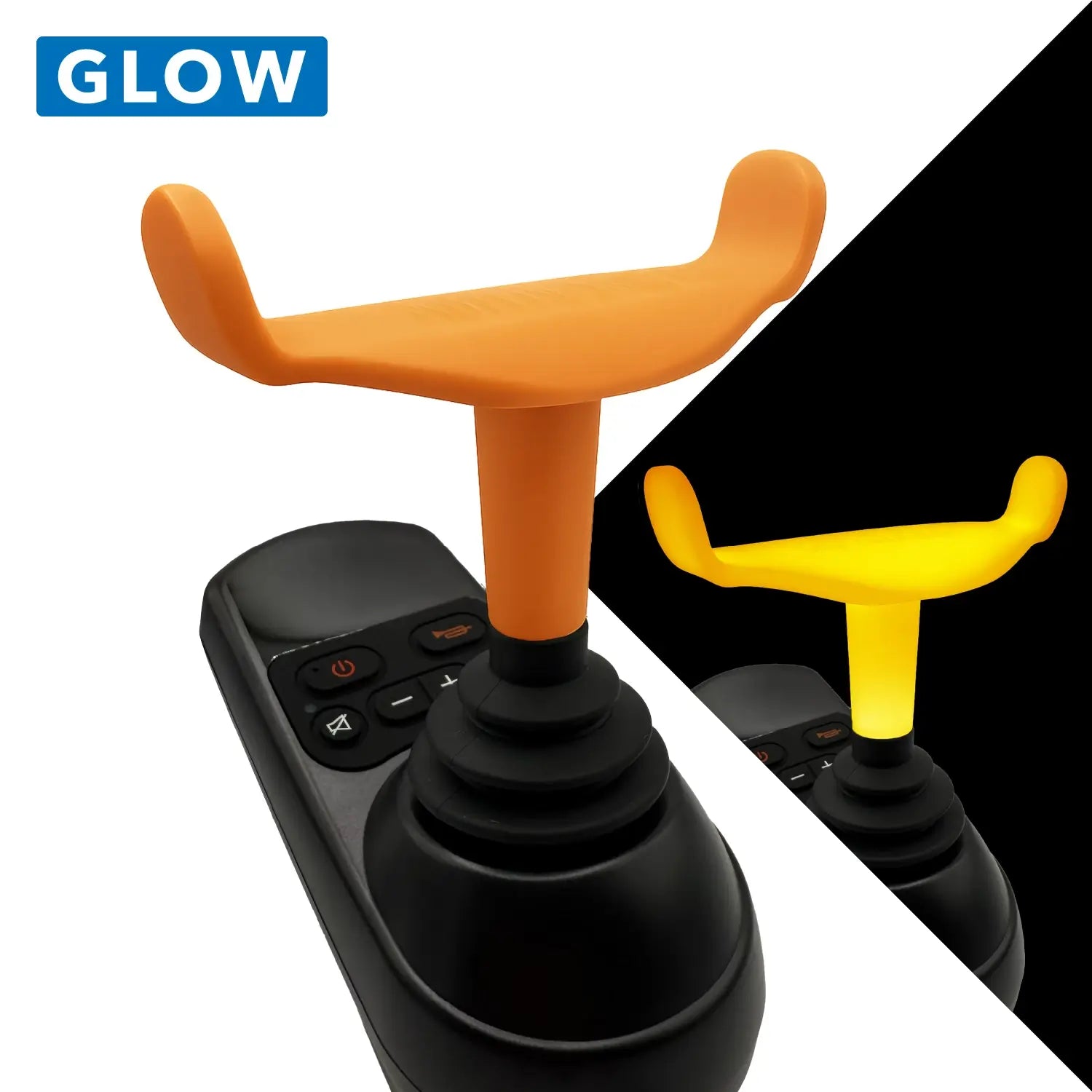 Two remote controls with orange and yellow handles on a black and white background, featuring the brand 'GLOW'.