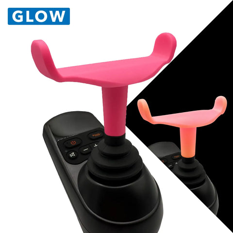 Pink and black remote control with 'GLOW' branding on a white and black background