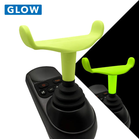 Black joystick with green handles on a white and black background, featuring the 'GLOW' brand.