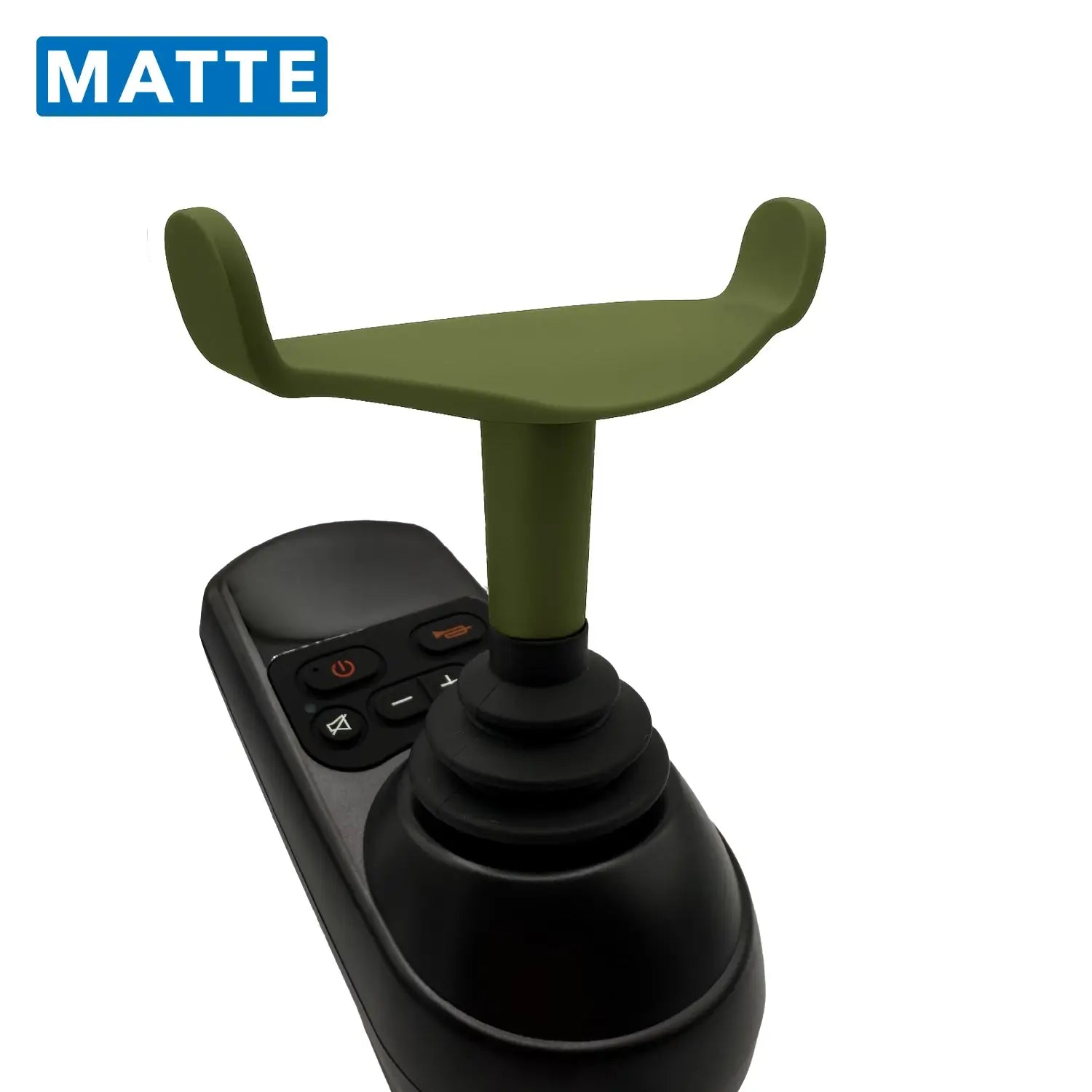Control joystick with green handle on a white background, featuring the word 'MATTE'.