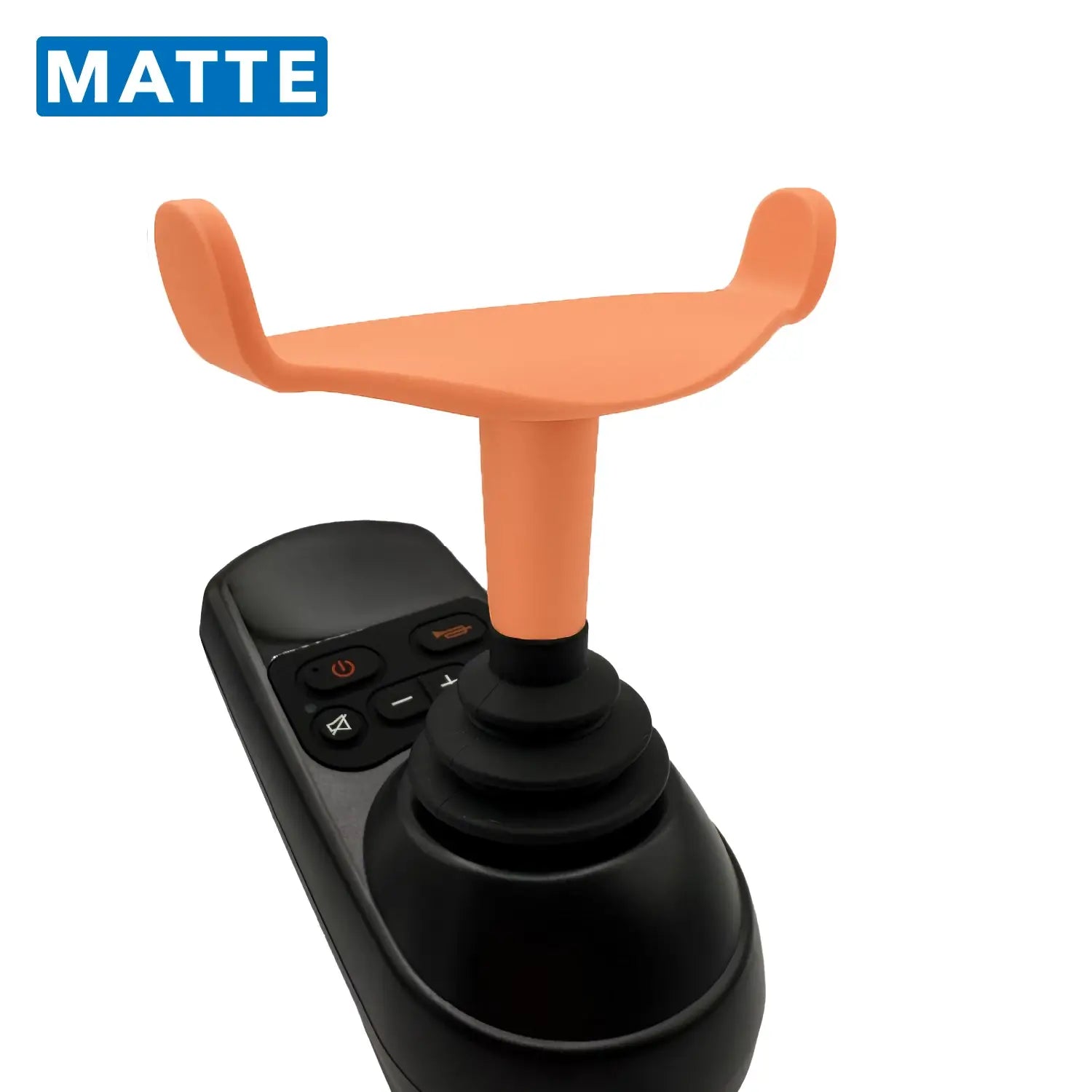 Control joystick with orange handle on a white background, featuring the word 'MATTE'.