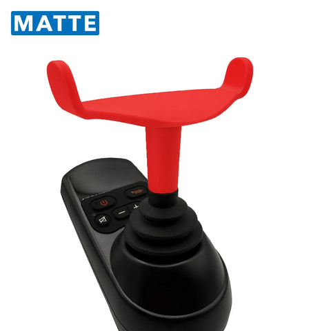 Red joystick hat on a black joystick with 'MATTE' label above on a white background
